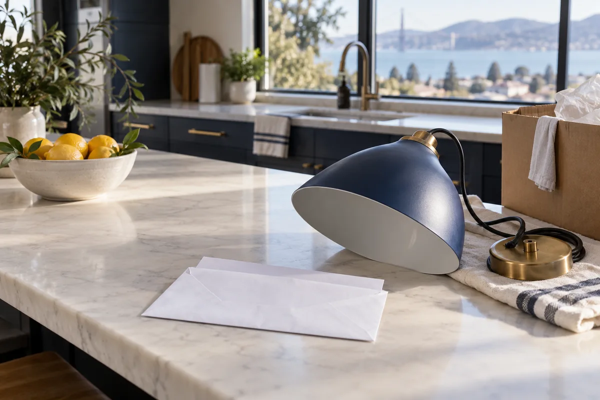 An unexpected invoice envelope on a clean kitchen island next to an uninstalled upgrade fixture.