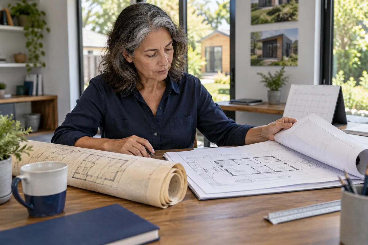 Older ADU plan roll beside updated drawing set and calendar.
