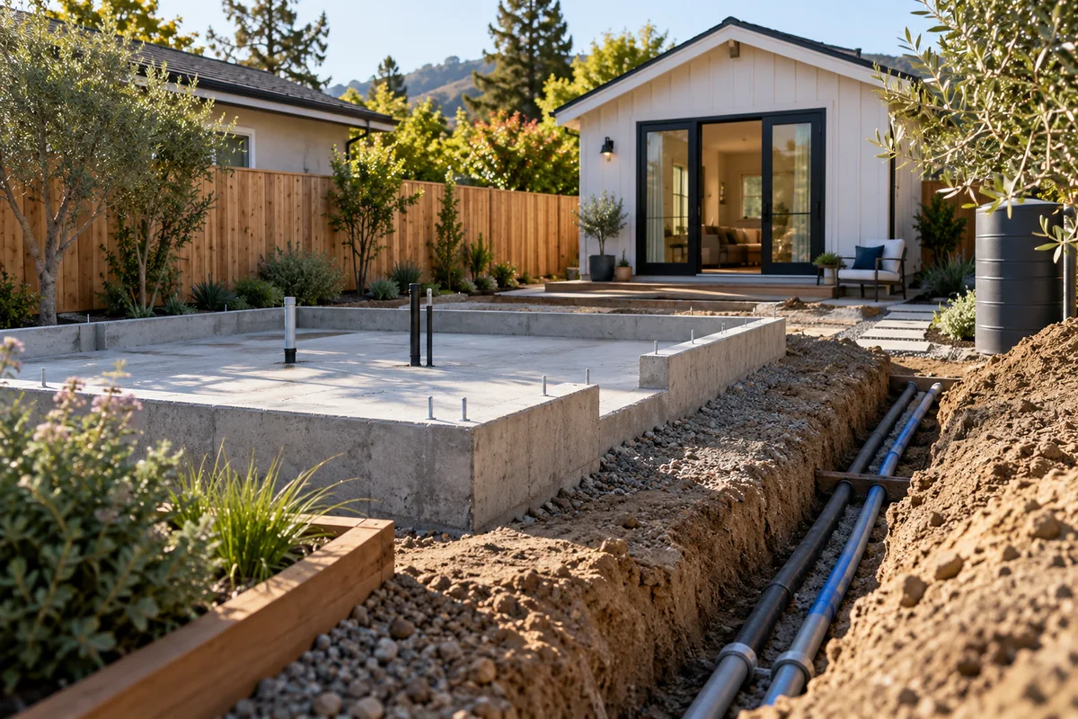 Backyard ADU site with foundation.