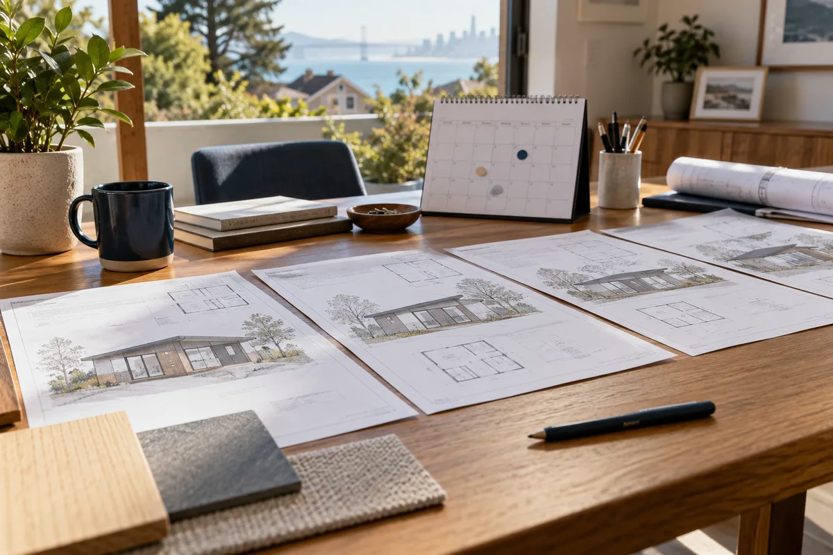 Several successive architectural drawing revisions laid across an elongated desk with calendar and review markers.