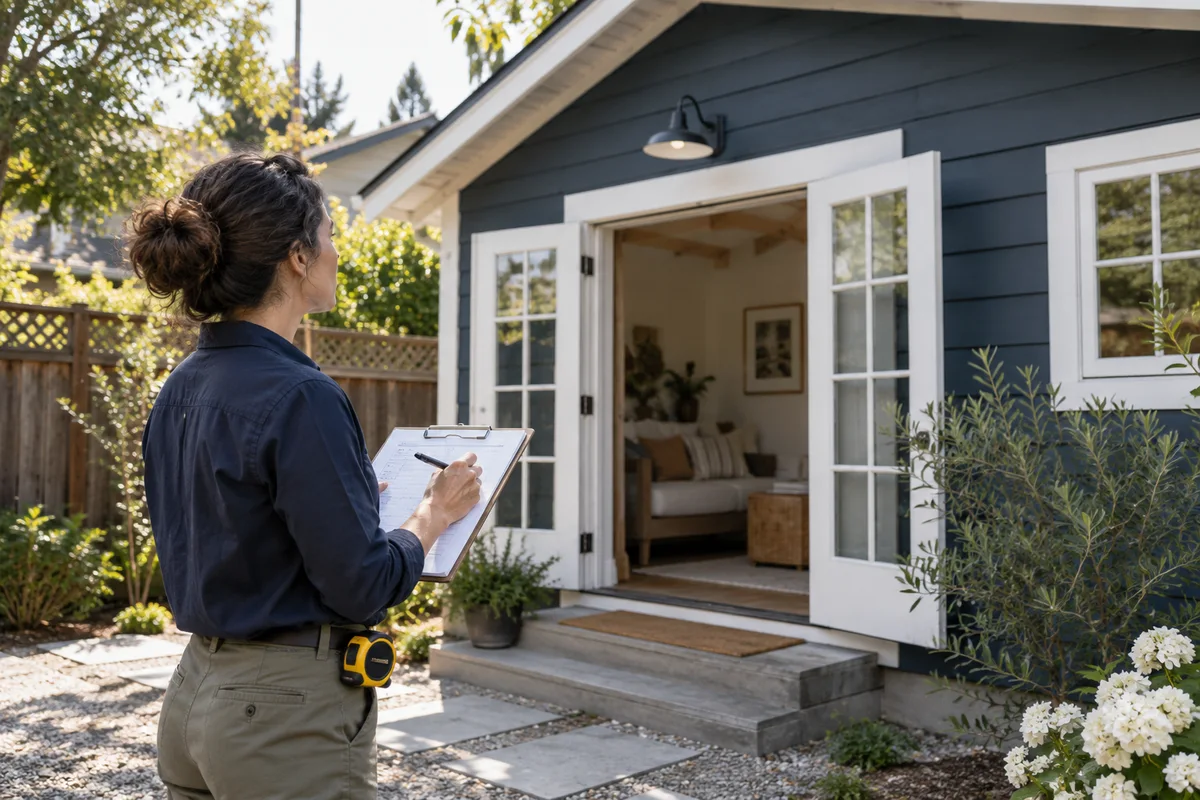 Licensed design professional records existing conditions in a backyard cottage before renovation.