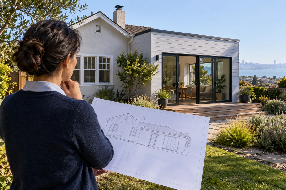 Homebuyer studies a rear addition that differs from an original house drawing.