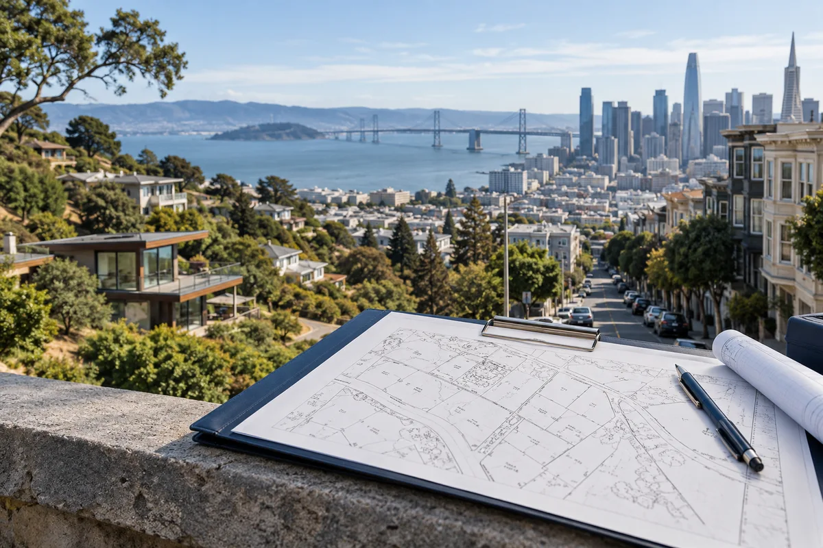 Bay Area hillside neighborhood meeting an urban street.