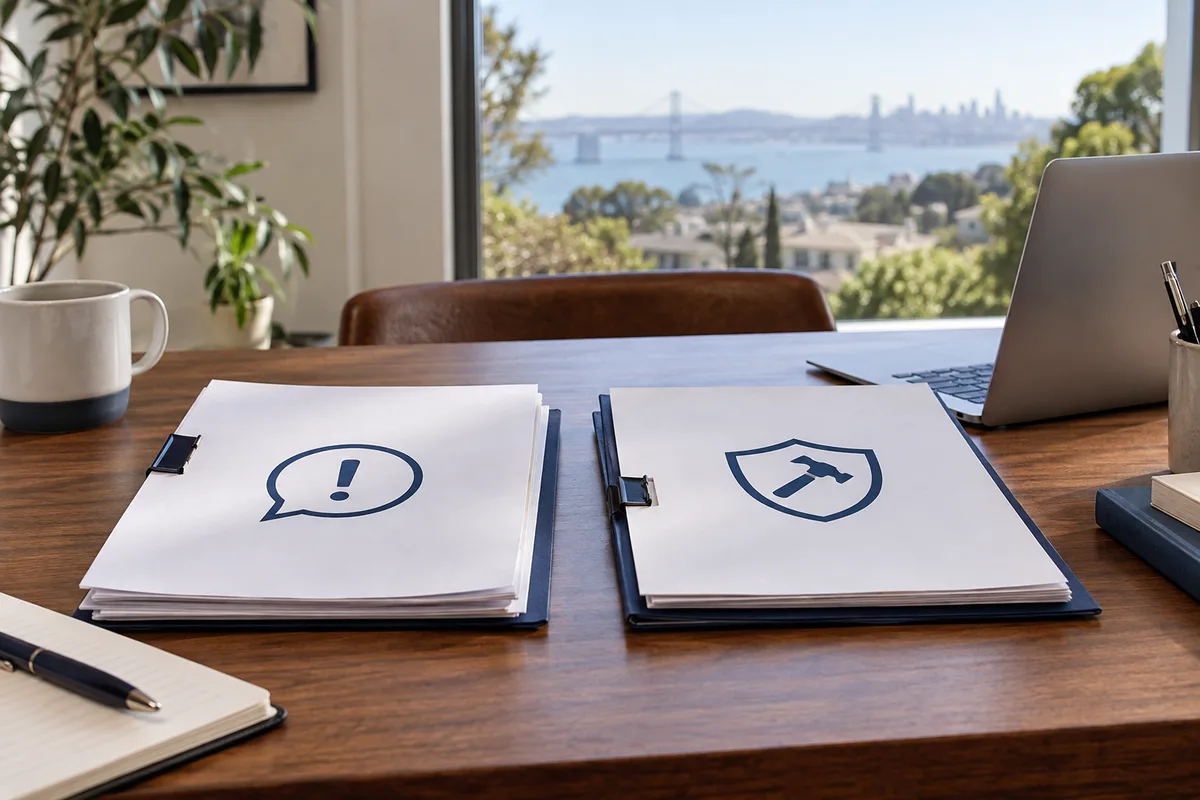 Two clearly different document submission packets on an orderly desk with laptop.