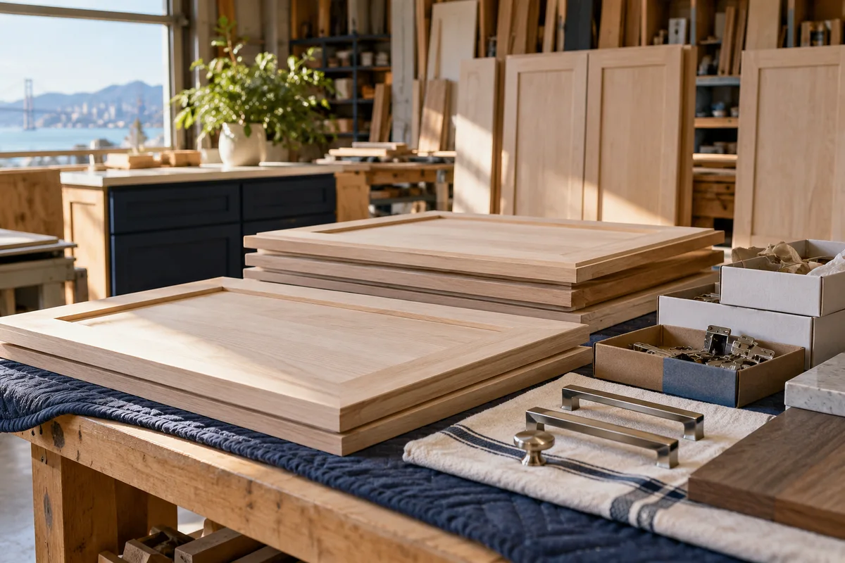 Cabinet workshop with unfinished custom wood doors and boxed hardware ready for ordering.