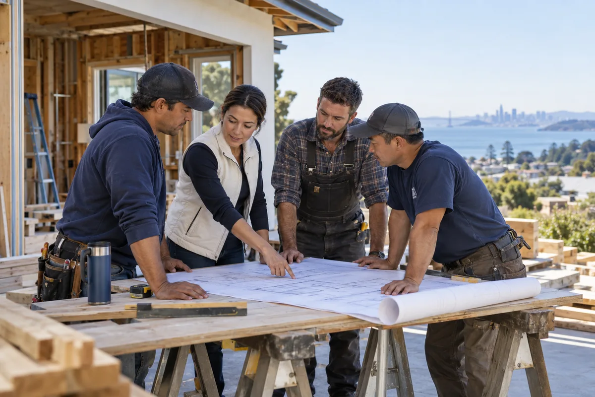 Three trade specialists coordinate with one project lead around a residential plan on sawhorses.