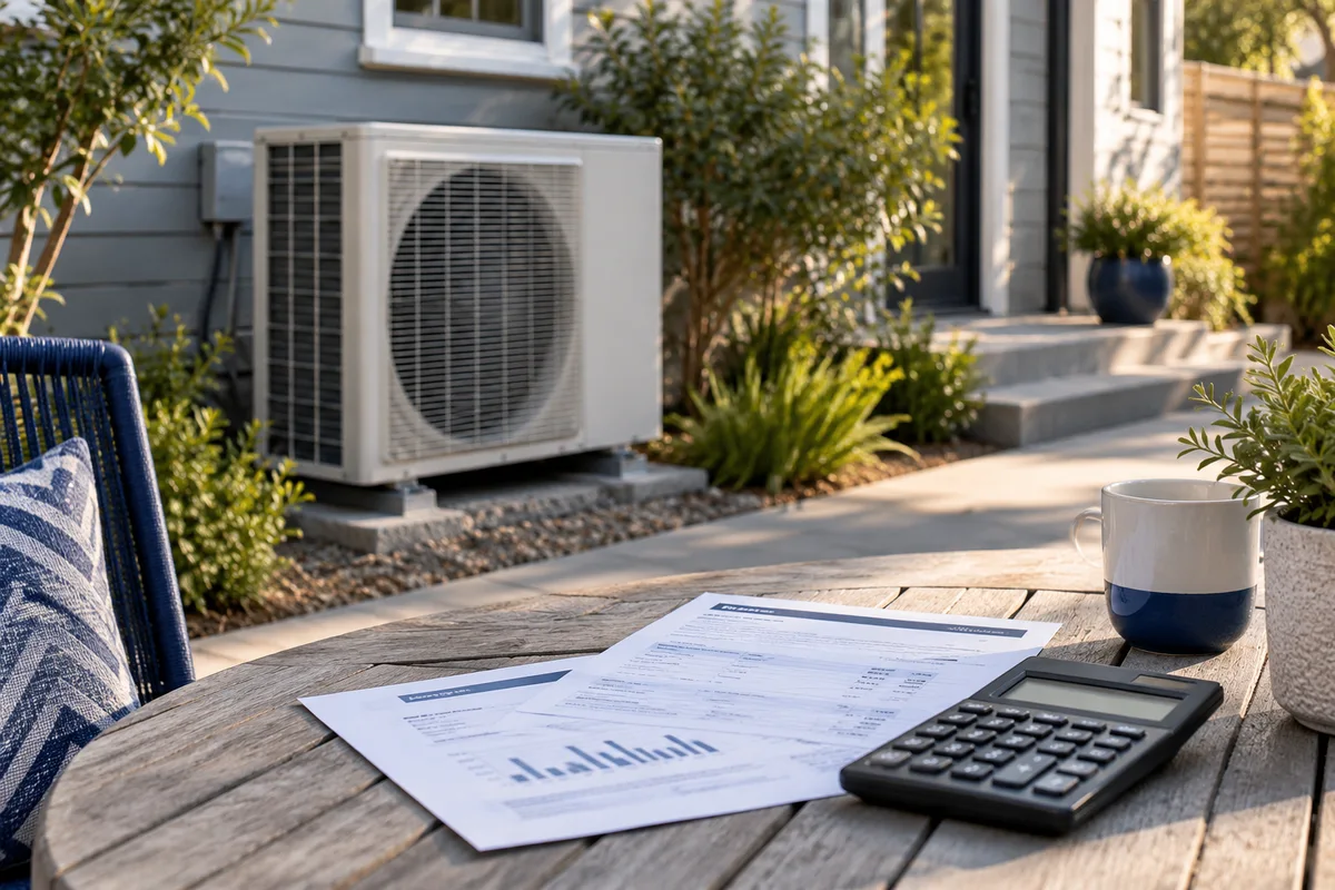 Heat-pump outdoor unit outside modest home.