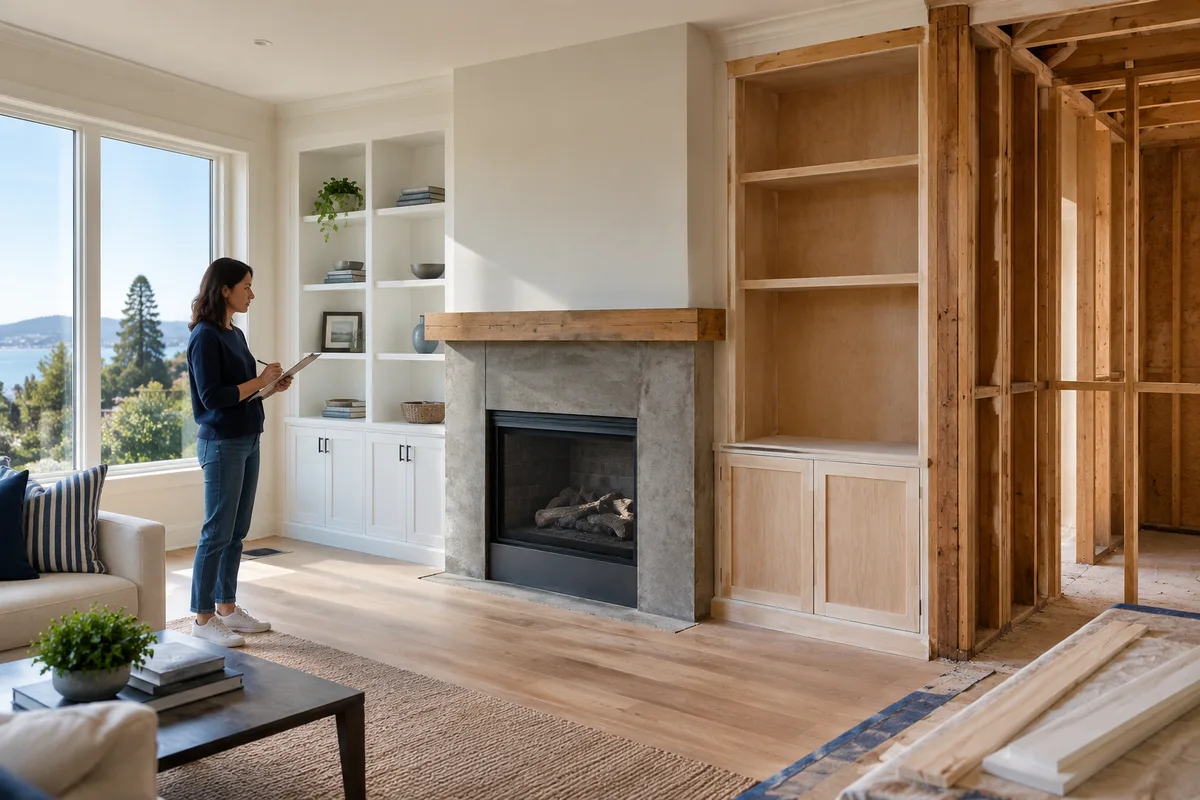 Partially renovated living room with three visible completed stages of carpentry and an owner checking progress on clipboard.
