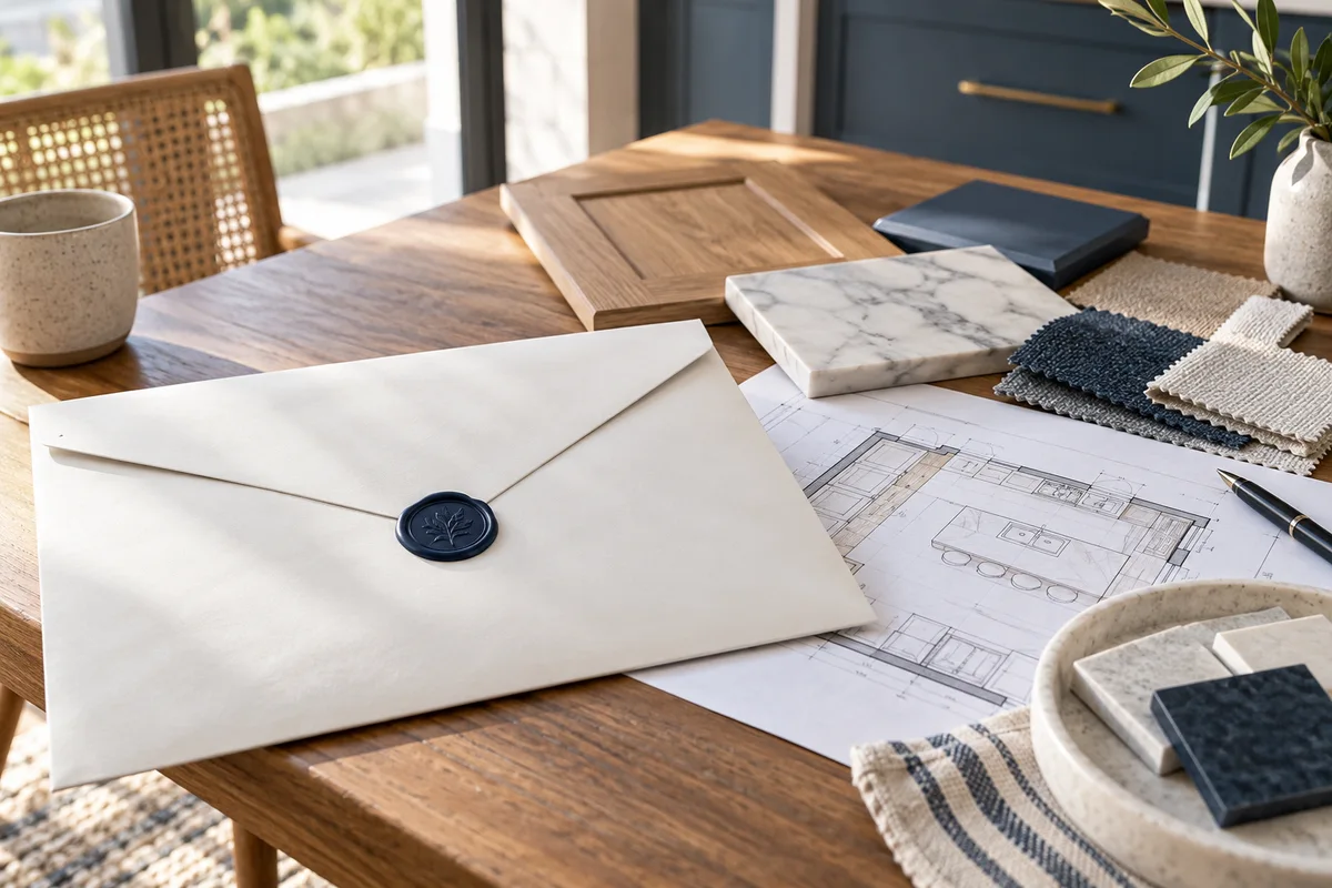 One sealed total-price proposal beside spread material samples and a detailed room plan.