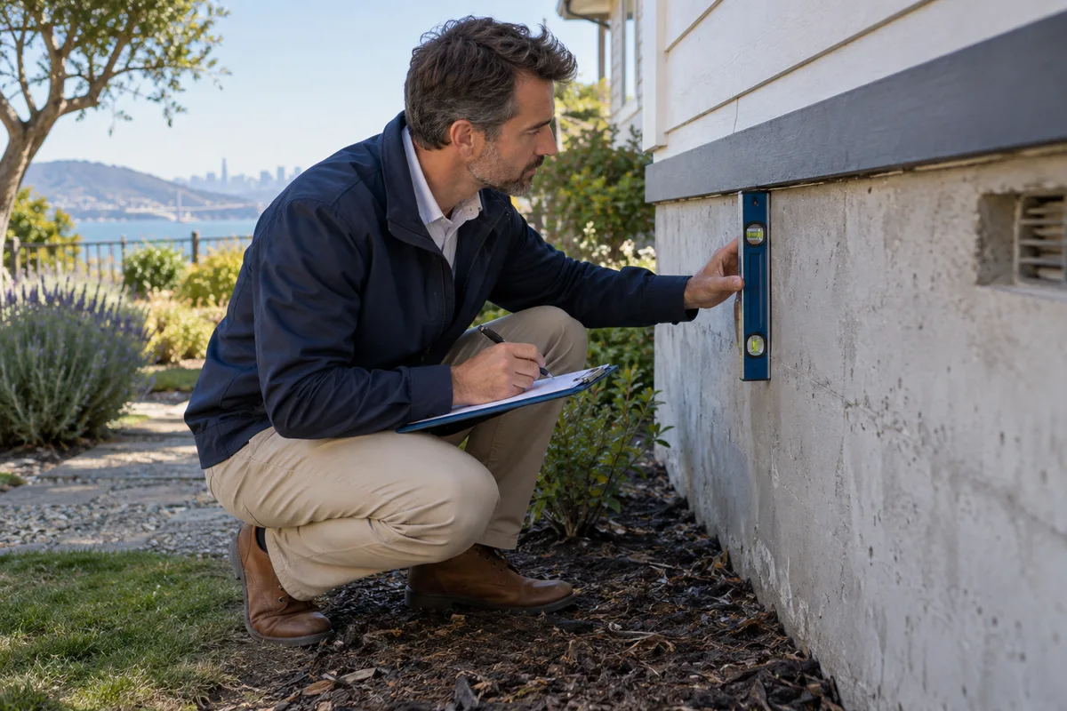 Independent structural professional examines house foundation with level and notebook.