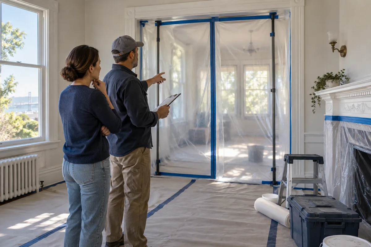 Lead-safe renovation preparation with contained work zone and protective floor covering in older house.