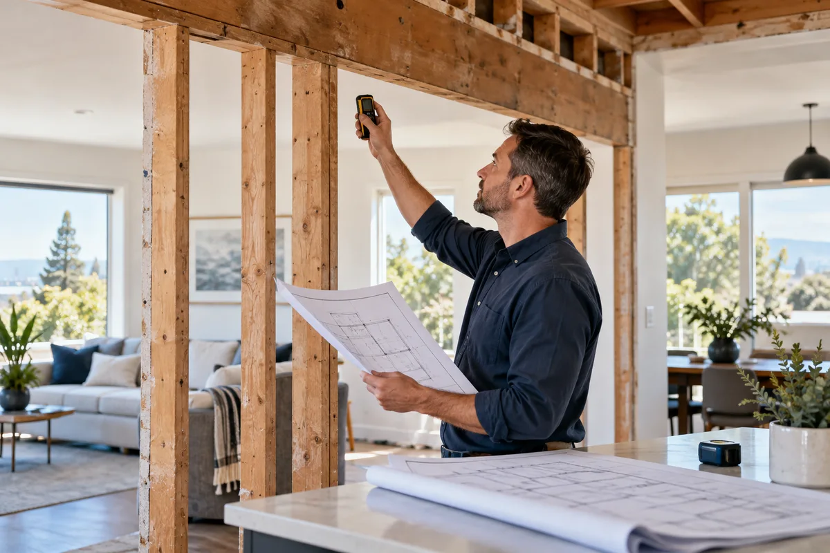 Structural engineer reviews load-bearing wall and ceiling framing before removal.