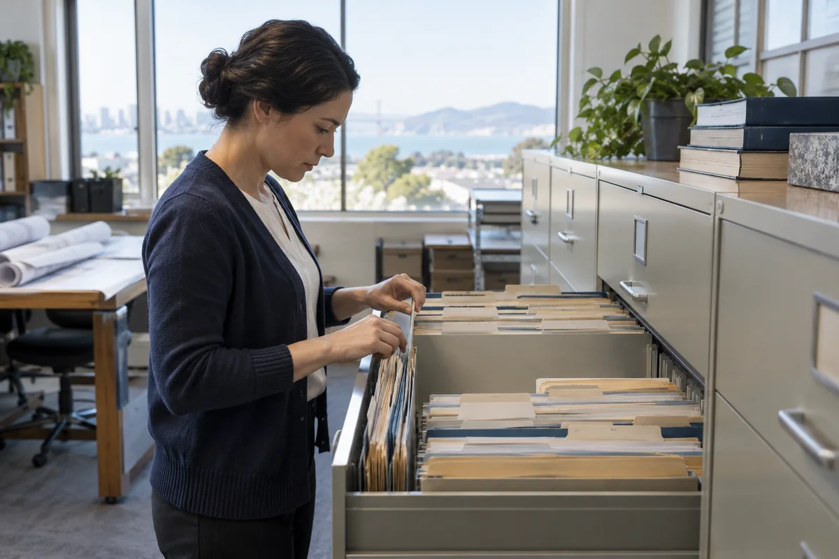 Archivist searches a filing cabinet while a blank gap appears among labeled tabs with no readable writing.