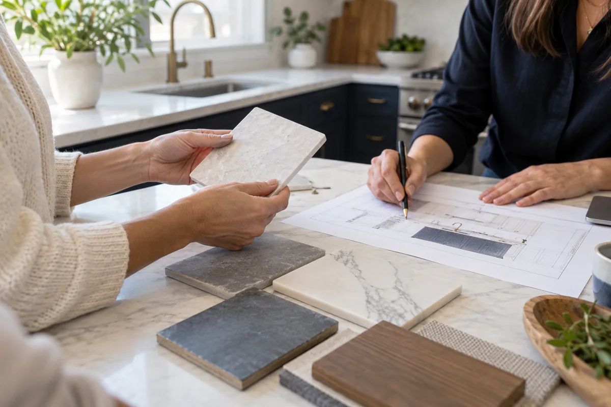 Homeowner chooses a different tile sample while designer updates kitchen plan.