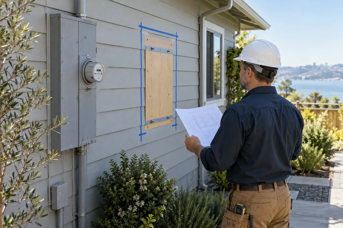 House exterior with old panel location and measured proposed new mounting area.