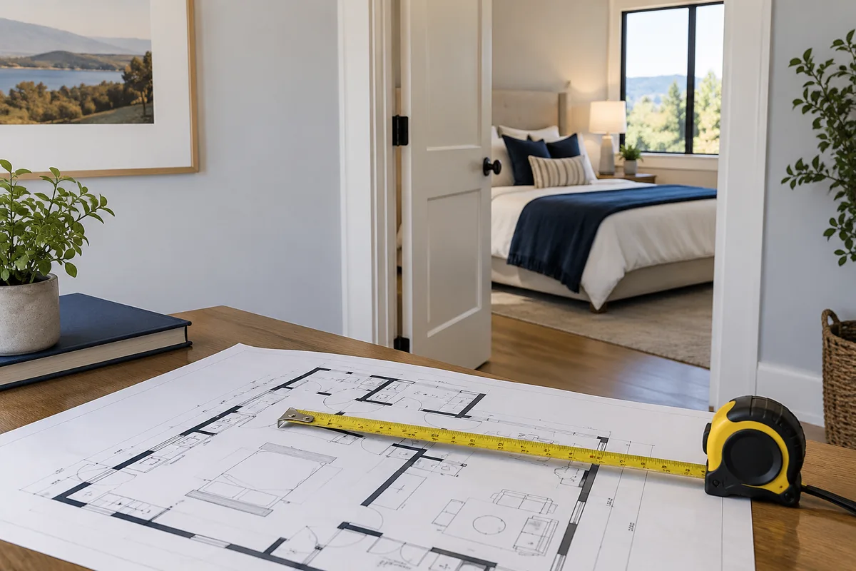 Measured floor plan and real bedroom doorway shown together.
