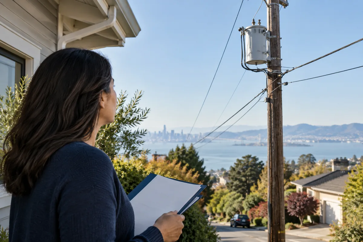 Pole-mounted residential transformer viewed from safe ground distance above Bay Area street.
