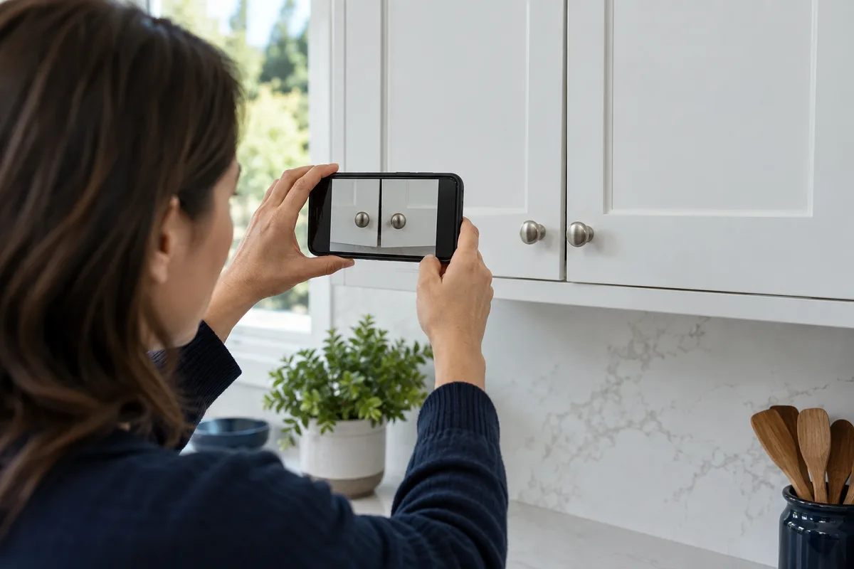 Homeowner photographs misaligned cabinet doors with phone.