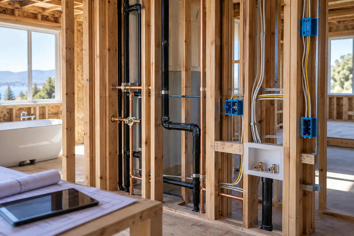 Interior open walls with plumbing and electrical pathways photographed for records before drywall.