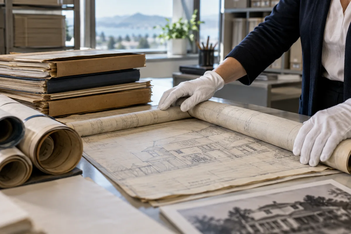 Archive counter with rolled architectural drawings and old building permit folders.
