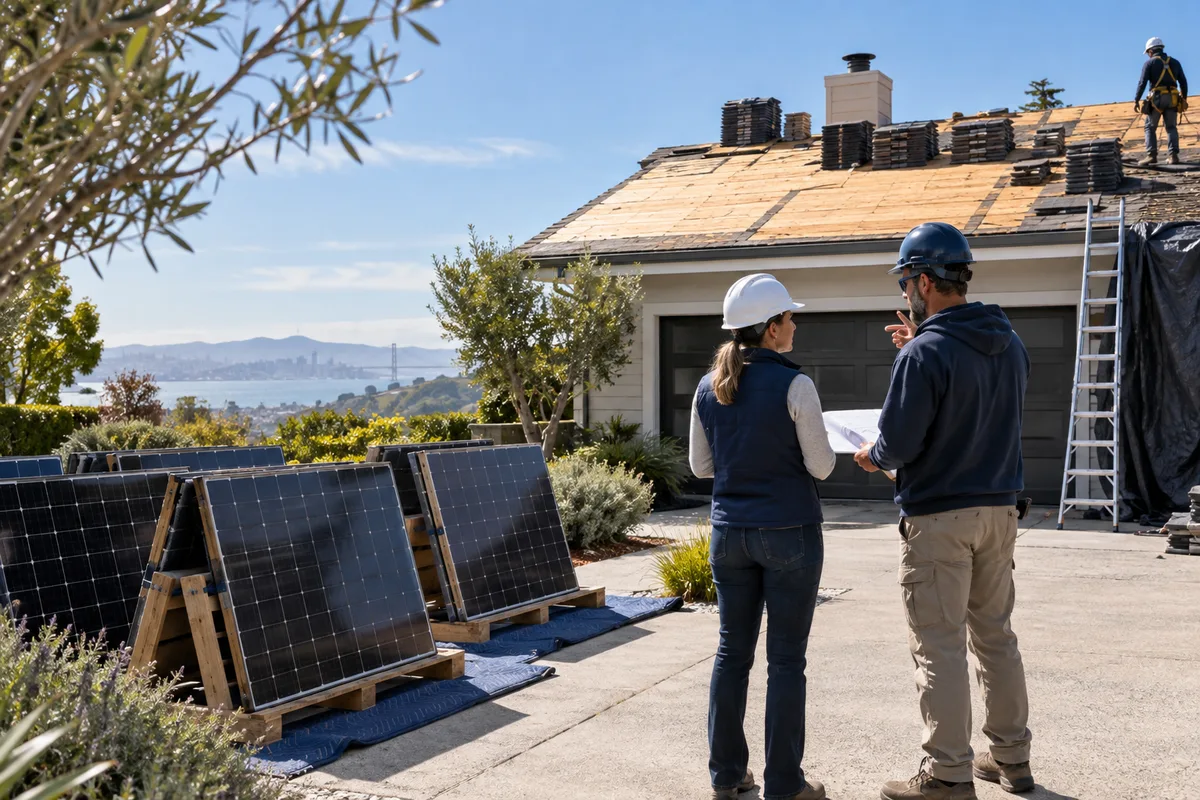 Reroof project with carefully removed solar panels stored on protected ground racks.