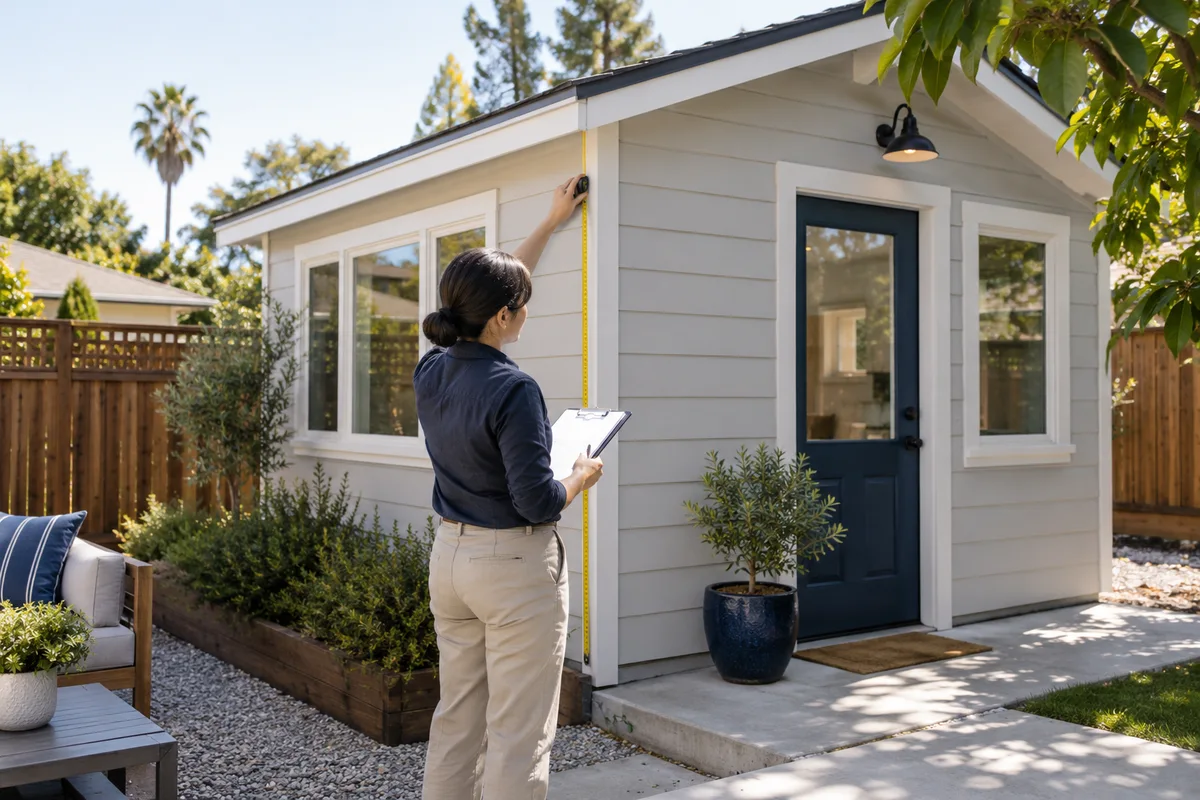 Modest San José backyard cottage measured by a designer with clipboard.