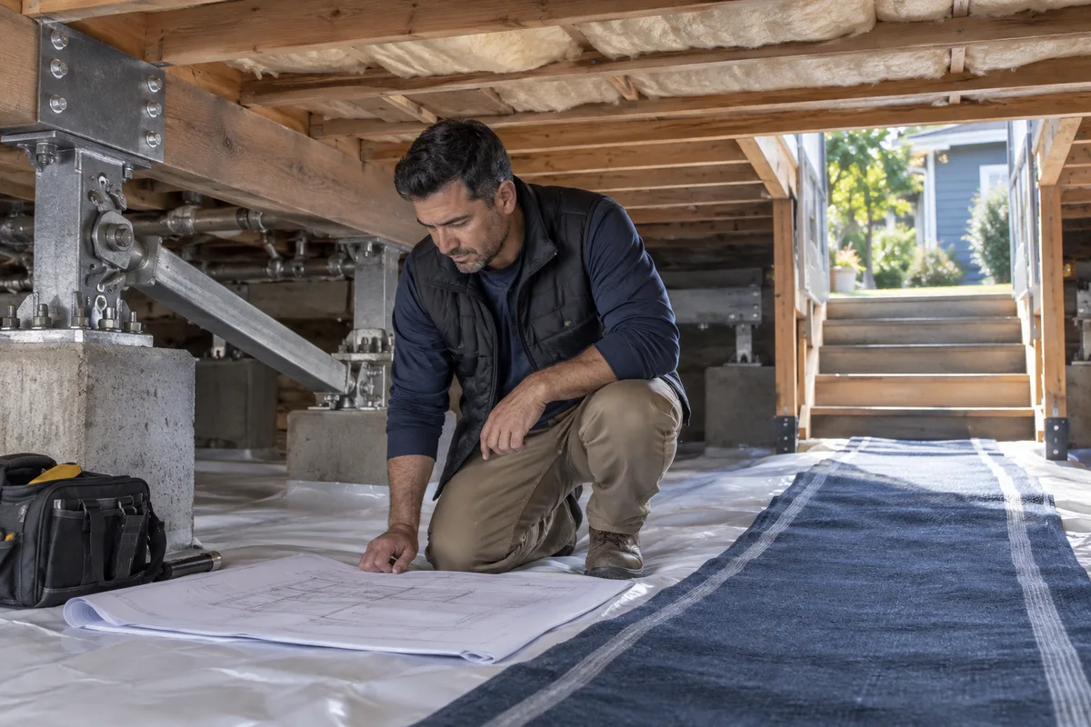 Accessible crawlspace with seismic hardware and carefully protected access route.