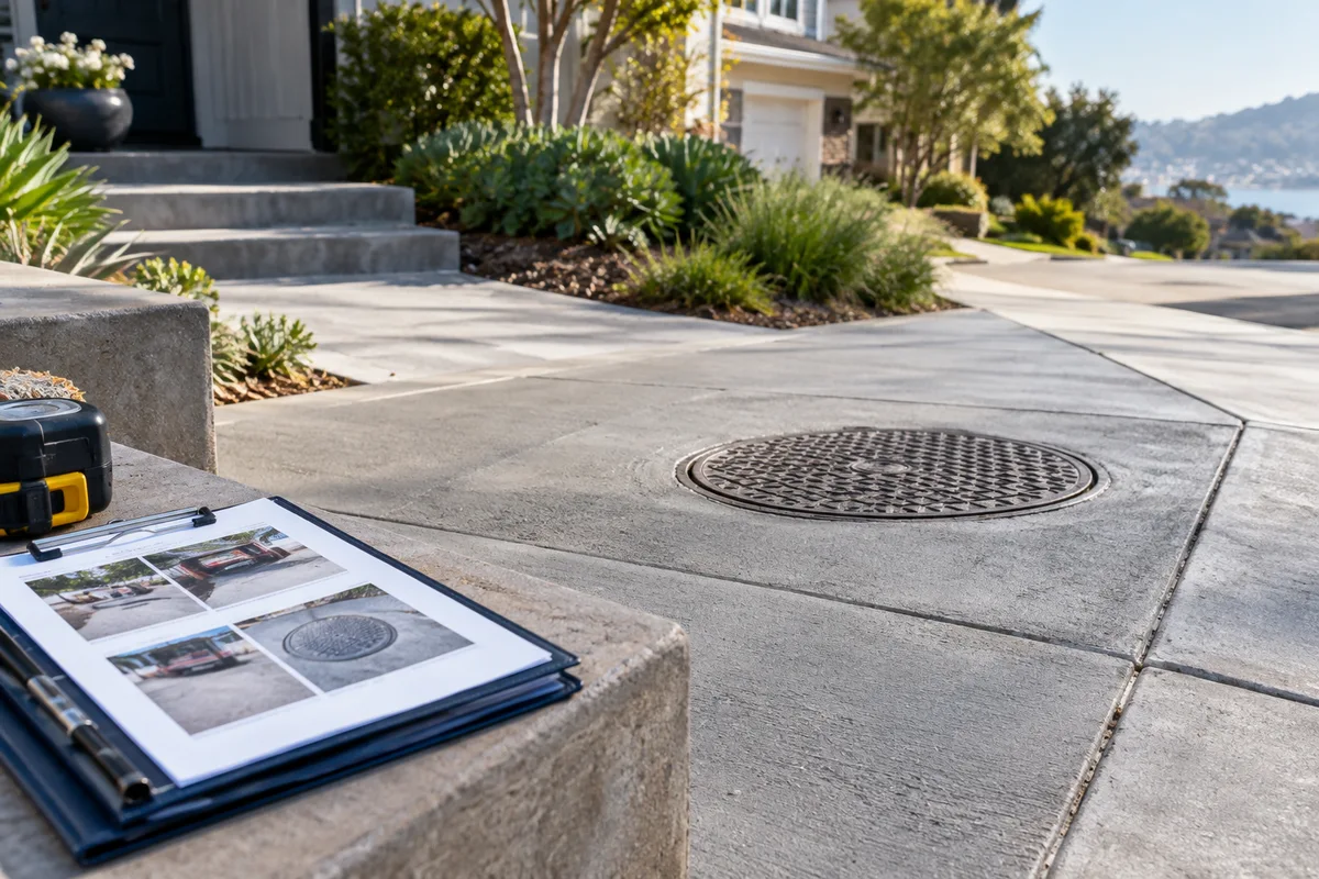 Completed sewer access repair with restored paving and organized camera report on clipboard.