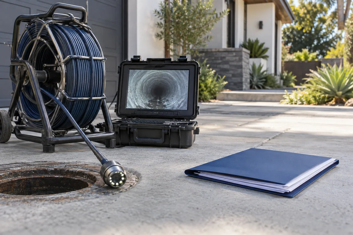 Sewer camera reel and inspection monitor with abstract pipe image beside separate compliance document folder.