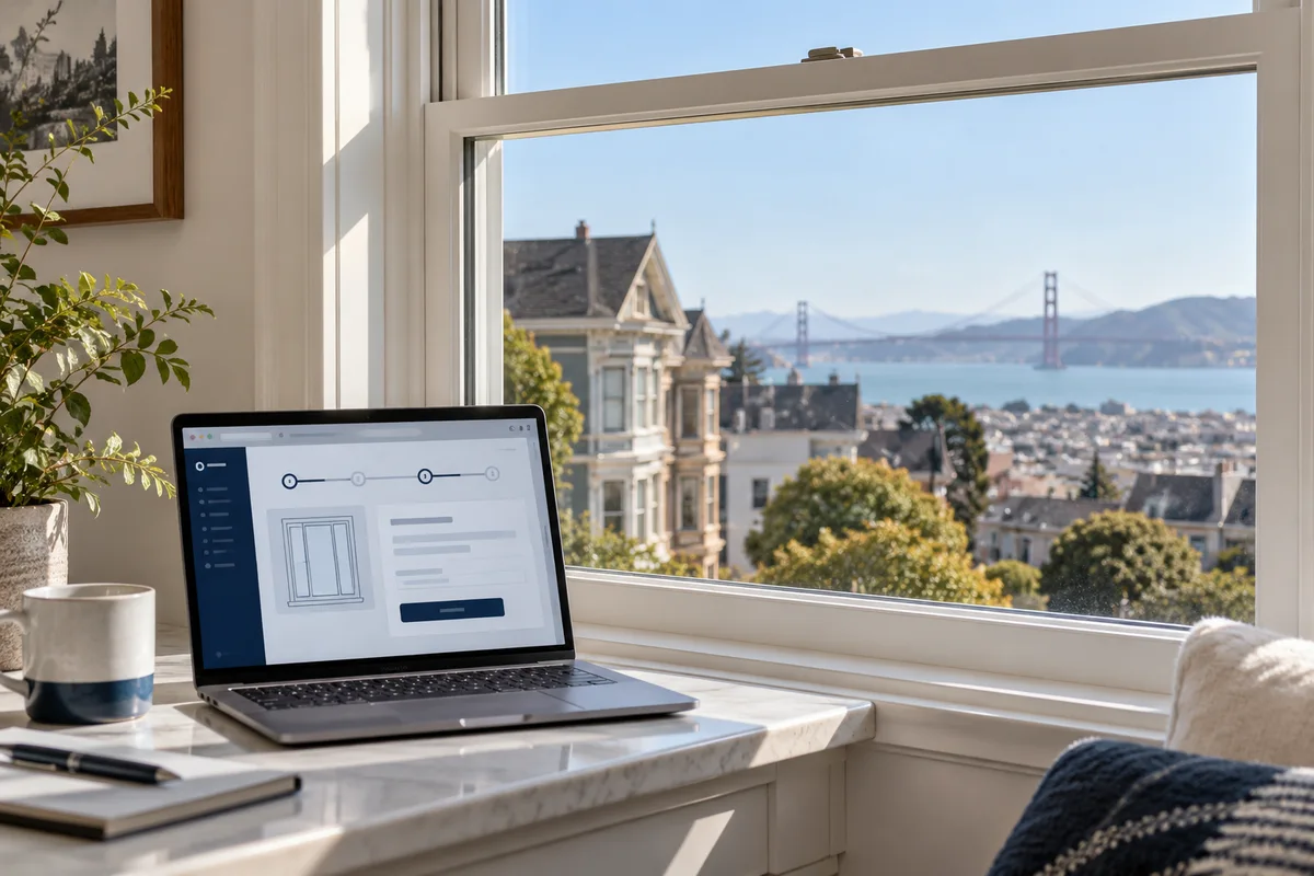 San Francisco house window with laptop application on nearby sill.
