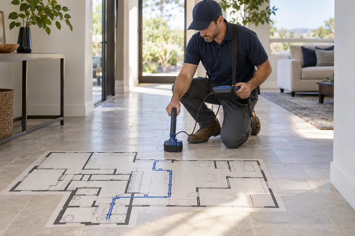 Floor plan of slab house overlaid with pipe route tracing beside intact tile floor.