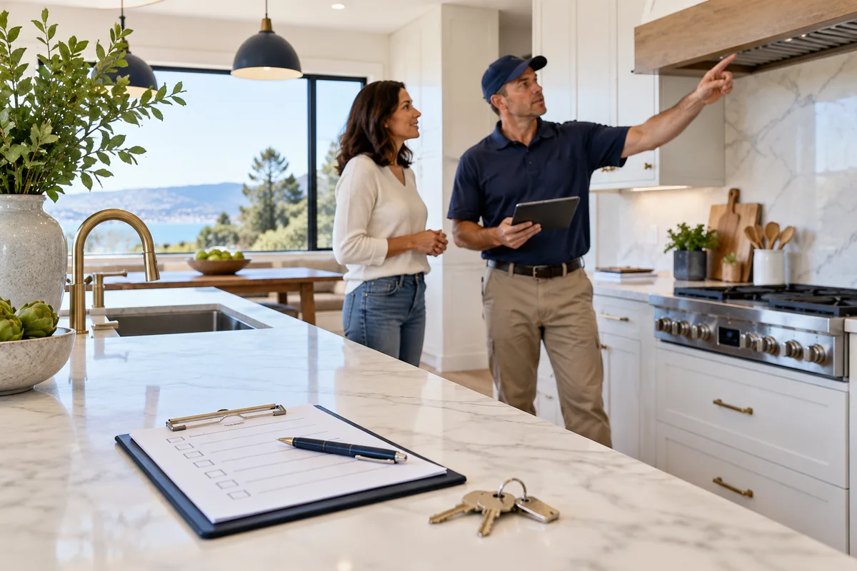 Owner and contractor perform a final walkthrough in finished kitchen.
