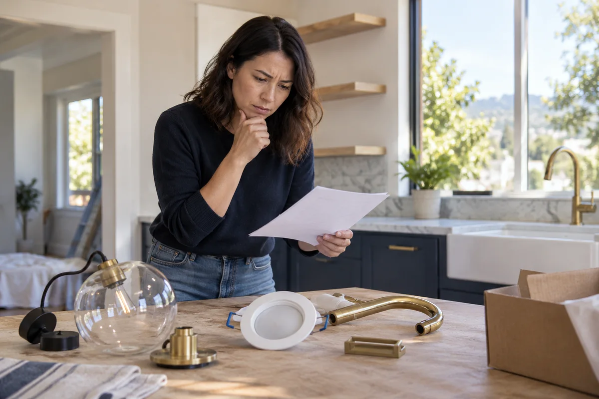 Homeowner examines a thin inexpensive-looking proposal against missing fixtures on a renovation table.