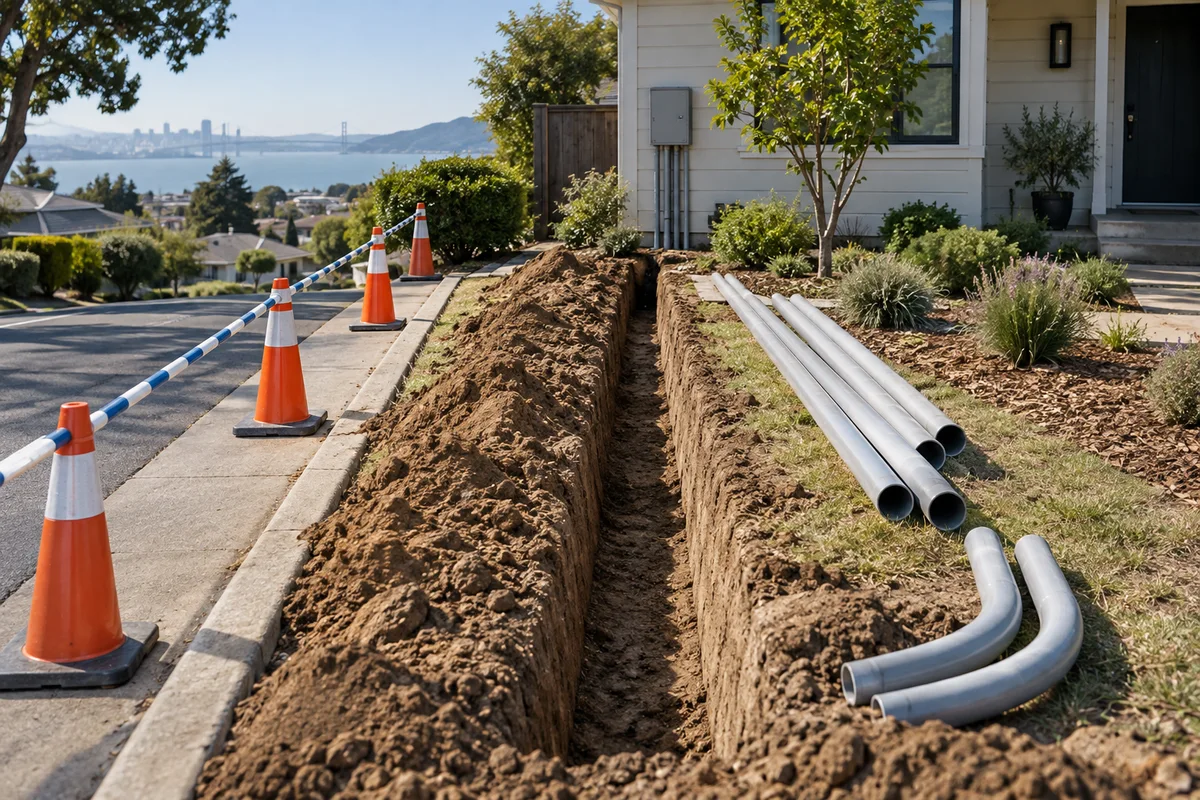 Prepared empty service trench between curb and house with conduit sections beside it.