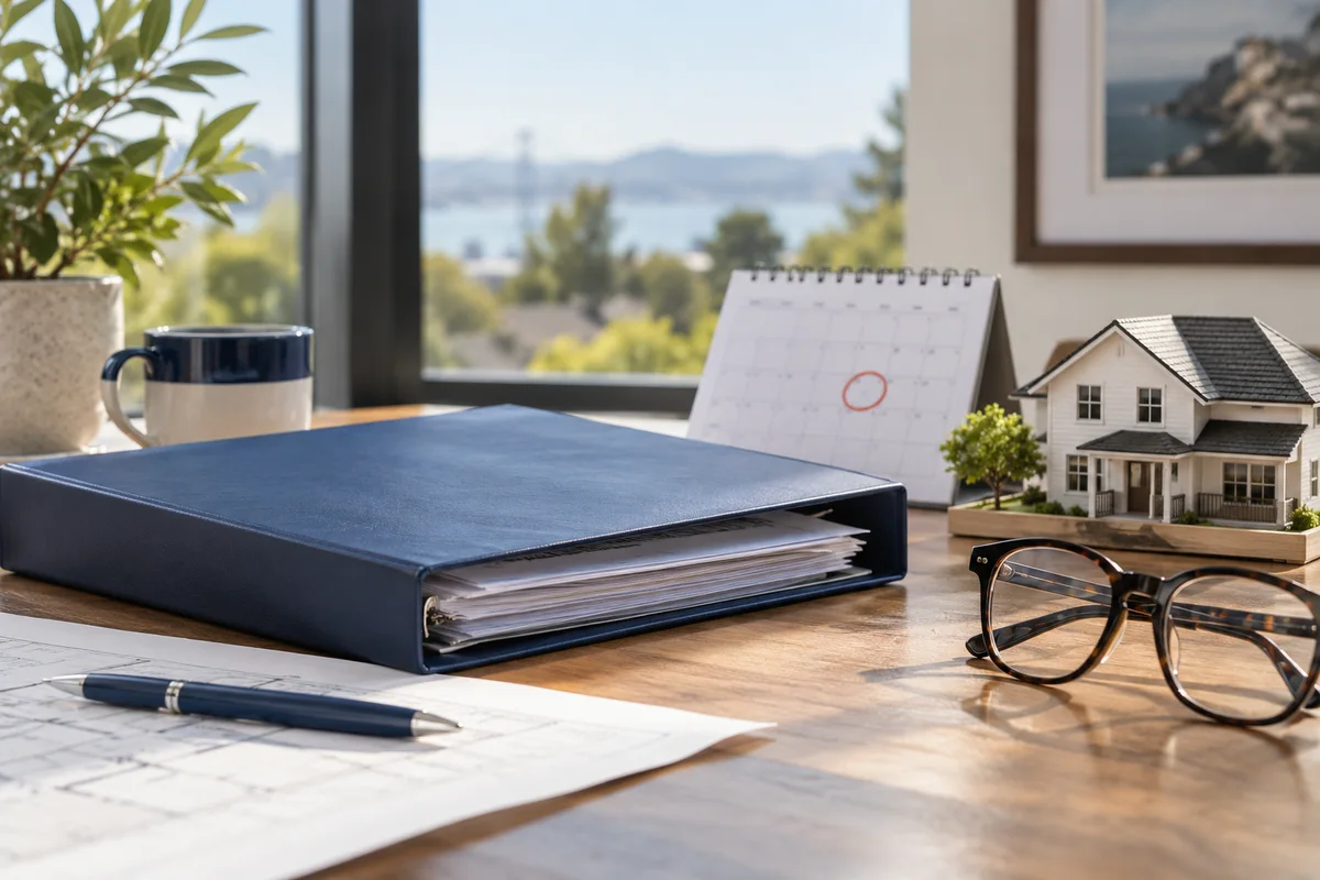 Insurance folder with calendar renewal marker beside a model house and reading glasses.