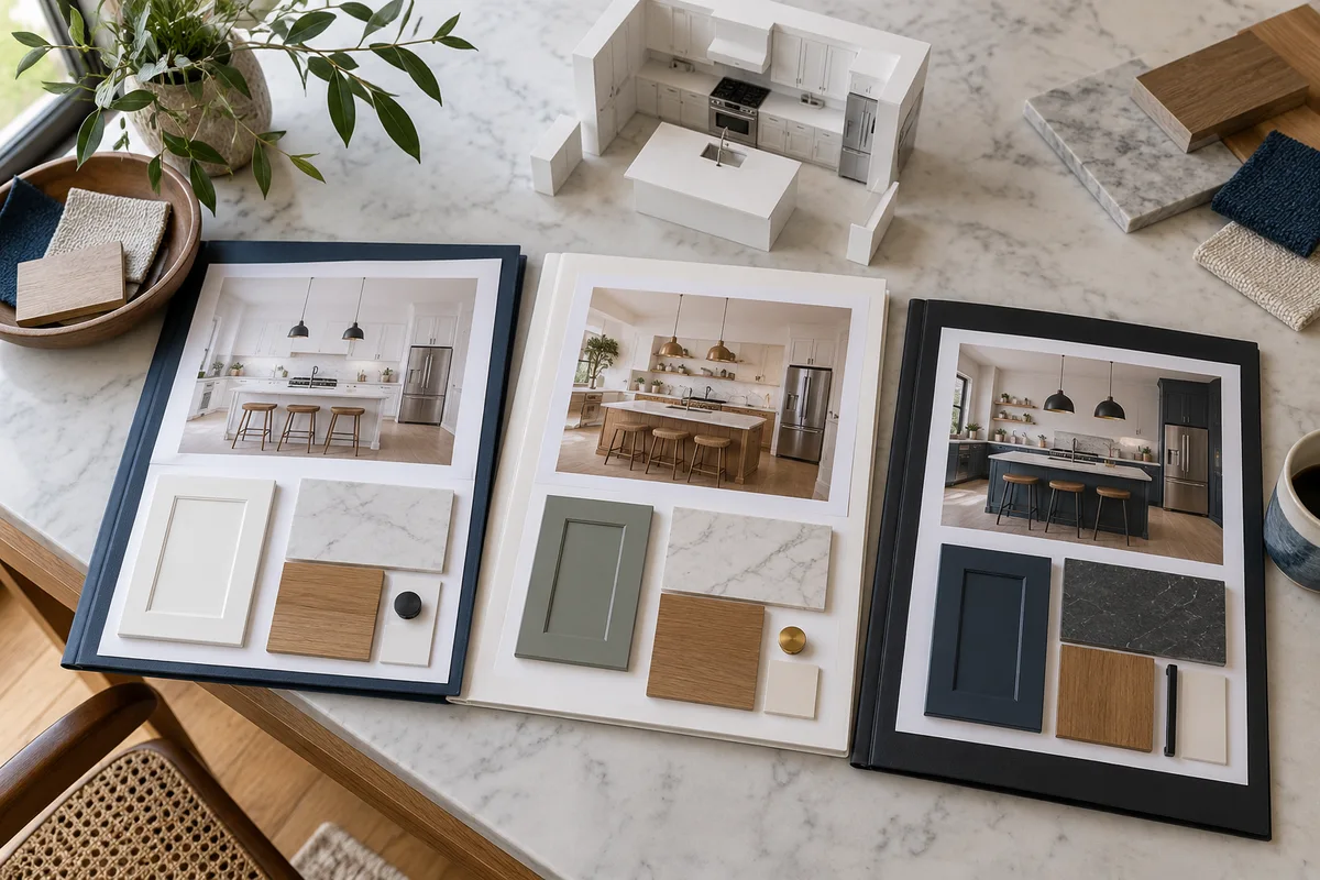 Three distinctly different renovation proposal folders alongside the same kitchen model.